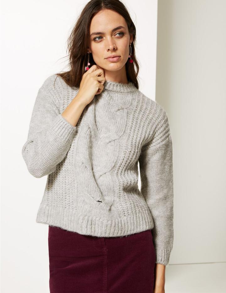 Marks & Spencer Cable Round Neck Jumper Grey Marl