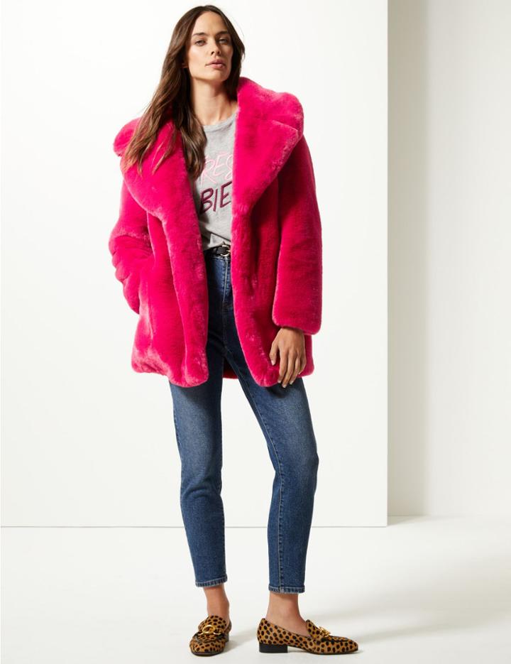 Marks & Spencer Single Breasted Faux Fur Jacket Cerise