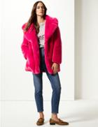 Marks & Spencer Single Breasted Faux Fur Jacket Cerise
