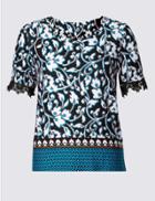 Marks & Spencer Floral Print Lace Sleeve Jersey Top Teal Mix