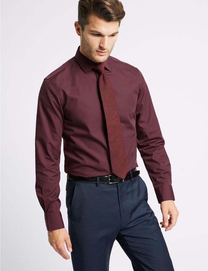 Marks & Spencer Cotton Blend Slim Fit Shirt Burgundy