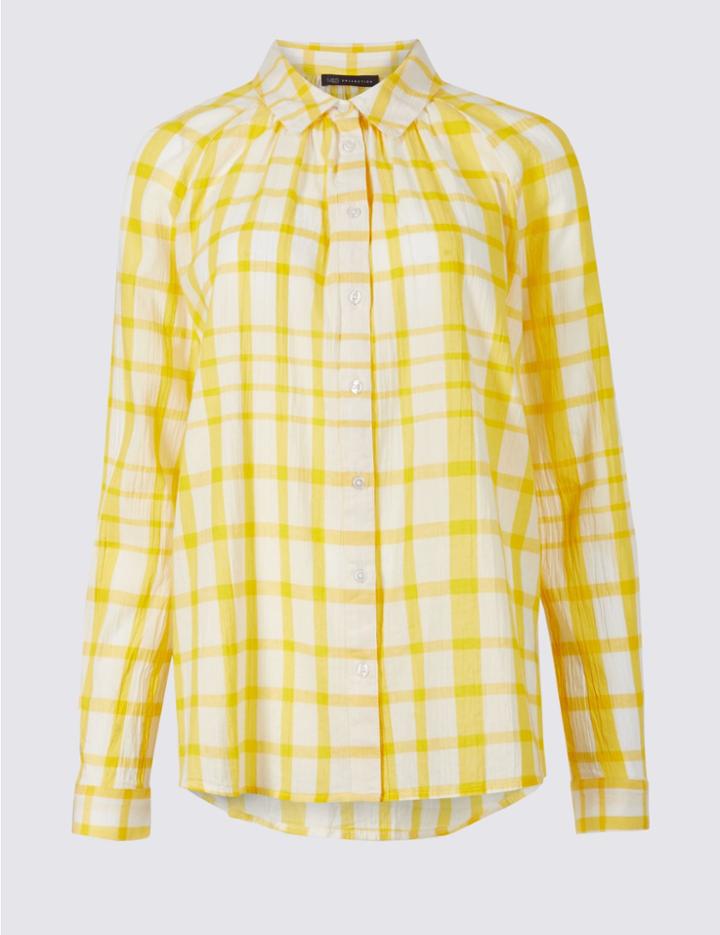 Marks & Spencer Pure Cotton Checked Long Sleeve Shirt Yellow Mix