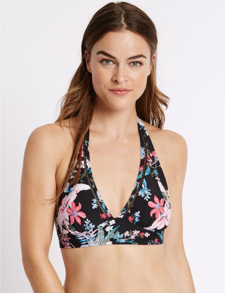 Marks & Spencer Floral Print Elongated Triangle Bikini Top Black Mix