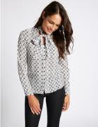 Marks & Spencer Geometric Print Bow Long Sleeve Shirt Ivory Mix