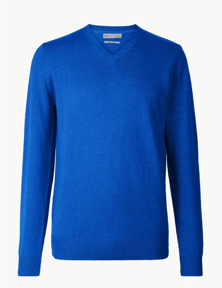 Marks & Spencer Pure Cotton V-neck Jumper Bright Blue Mix