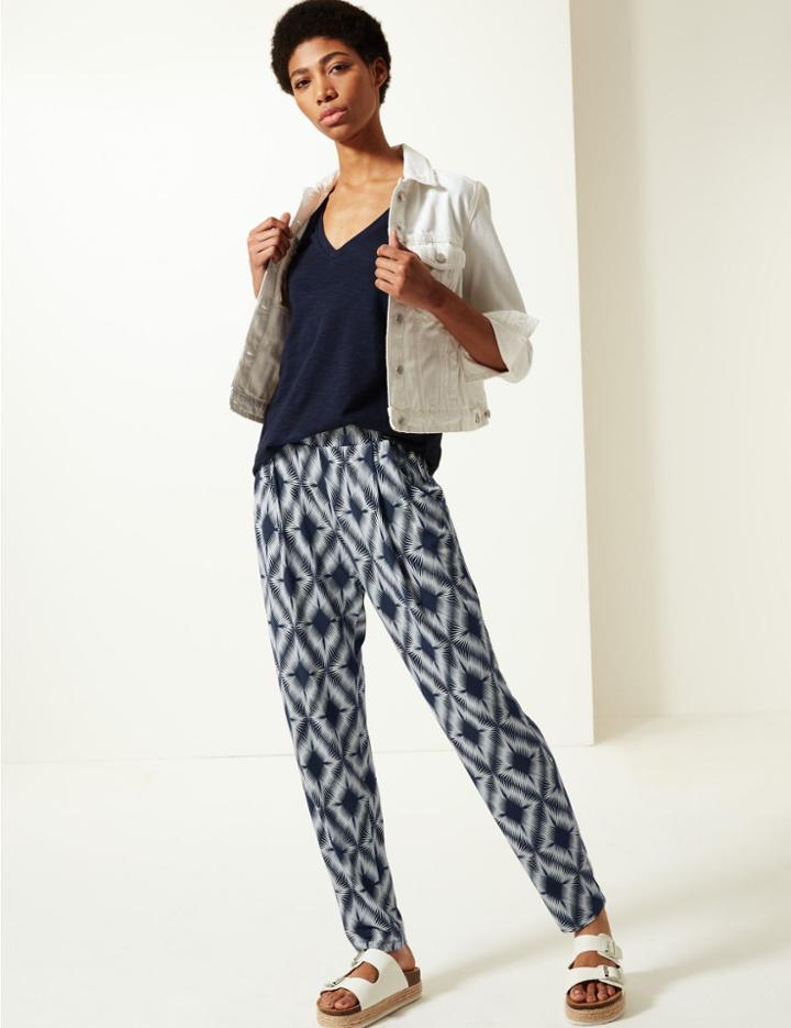 Marks & Spencer Tapered Leg Jersey Ankle Grazer Peg Trousers Navy Mix