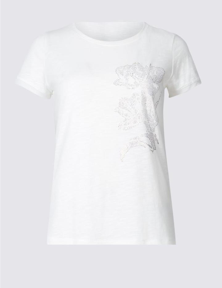 Marks & Spencer Cotton Blend Caviar Beaded Jersey Top Soft White
