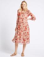 Marks & Spencer Floral Print Tiered 3/4 Sleeve Midi Dress Ivory Mix
