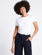 Marks & Spencer Cotton Rich Round Neck Short Sleeve T-shirt With Stretch Ivory