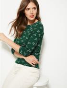 Marks & Spencer Pure Cotton Bird Print 3/4 Sleeve T-shirt Green Mix