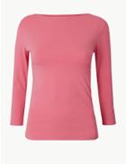 Marks & Spencer Cotton Rich Slash Neck Fitted T-shirt Pink
