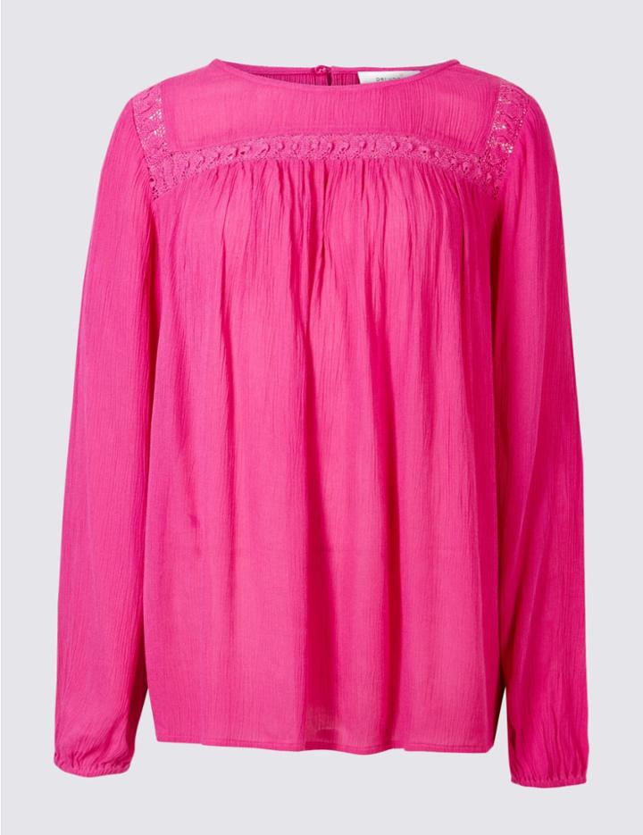 Marks & Spencer Lace Insert Round Neck Long Sleeve Blouse Bright Pink