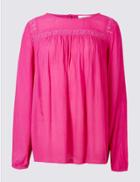 Marks & Spencer Lace Insert Round Neck Long Sleeve Blouse Bright Pink
