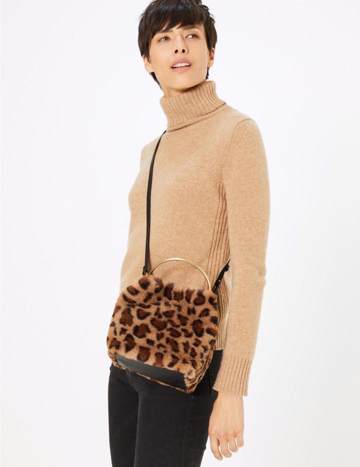 Marks & Spencer Faux Fur Leopard Print Cross Body Bag Brown