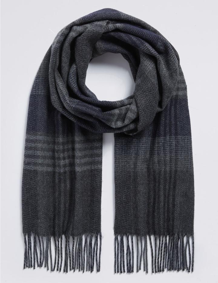 Marks & Spencer Herringbone Checked Wider Width Woven Scarf Navy/grey