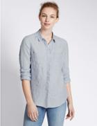 Marks & Spencer Pure Linen Striped Long Sleeve Shirt Blue Mix