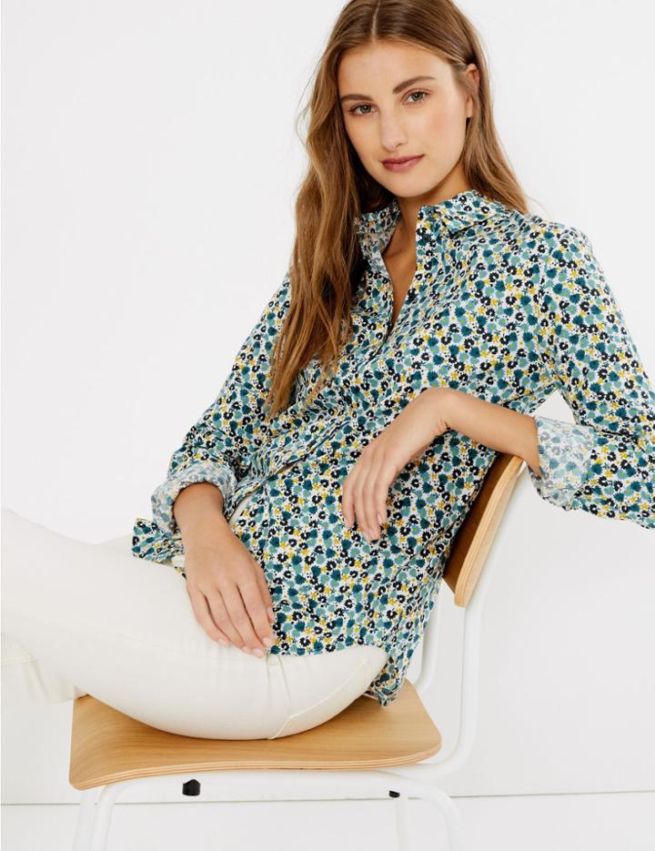 Marks & Spencer Cotton Rich Floral Button Detailed Shirt Ivory Mix