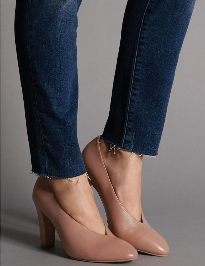 Marks & Spencer Leather Block Heel High Cut Court Shoes Apricot