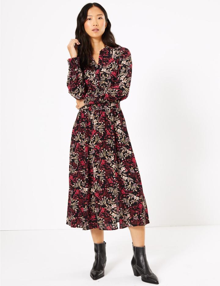 Marks & Spencer Floral Waisted Midi Shirt Dress Black Mix