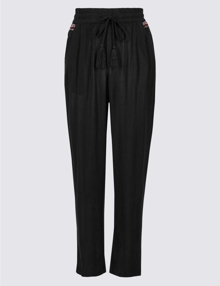 Marks & Spencer Embroidered Crinckle Peg Trousers Black Mix