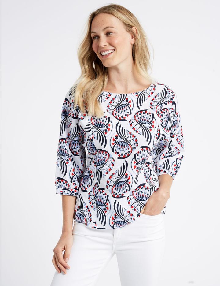 Marks & Spencer Linen Rich Geometric Print Blouse Ivory Mix