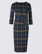 Marks & Spencer Cotton Blend Checked Twist Side Pencil Dress Navy Mix