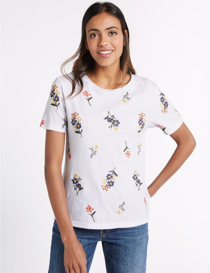 Marks & Spencer Pure Cotton Embroidered T-shirt White Mix