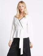 Marks & Spencer Contrast Edge Long Sleeve Blouse With Tie Ivory