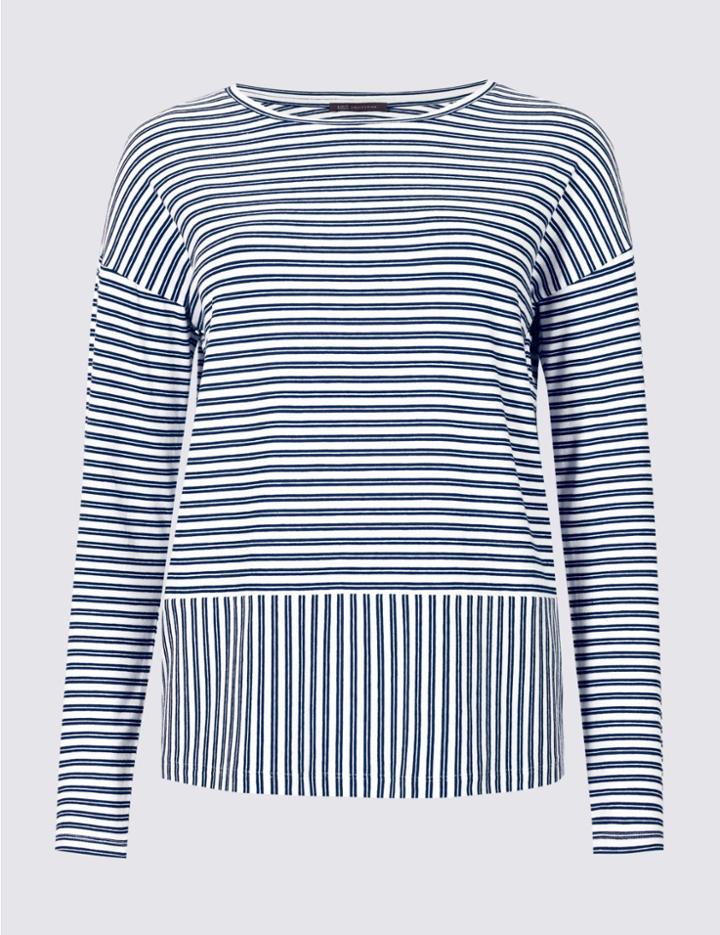 Marks & Spencer Striped Round Neck Long Sleeve T-shirt Ivory Mix