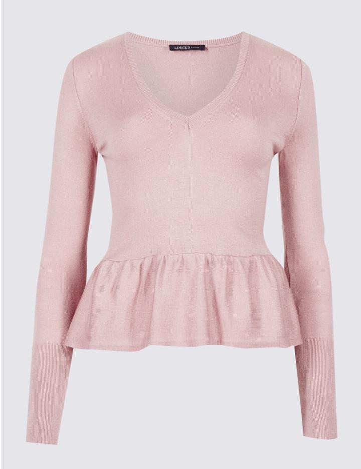 Marks & Spencer Cotton Blend Textured V-neck Peplum Jumper Soft Pink