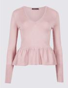 Marks & Spencer Cotton Blend Textured V-neck Peplum Jumper Soft Pink