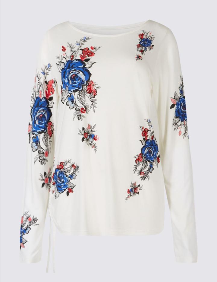 Marks & Spencer Floral Print Slash Neck Long Sleeve Top Ivory Mix