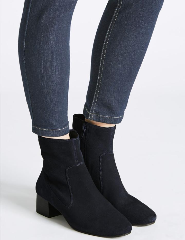 Marks & Spencer Leather Block Heel Almond Toe Ankle Boots Navy
