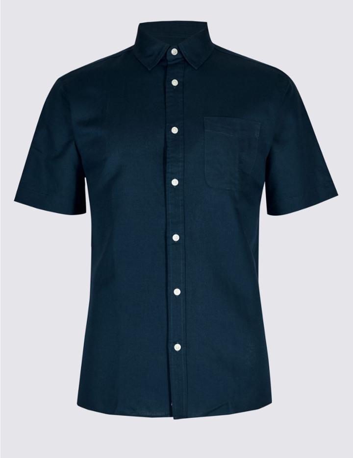 Marks & Spencer Easy Care Linen Rich Shirt With Pocket Navy
