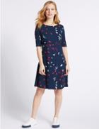 Marks & Spencer Petite Bird Print Short Sleeve Swing Dress Navy Mix