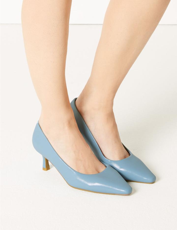 Marks & Spencer Wide Fit Kitten Heel Square Toe Court Shoes Blue