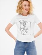 Marks & Spencer Pure Cotton Flower Embroidered T-shirt White Mix