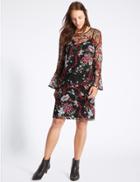 Marks & Spencer Embroidered Botanical Mesh Tunic Dress Black Mix