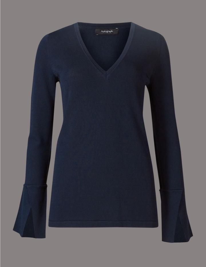Marks & Spencer Compact Yarn V-neck Jumper Navy Mix