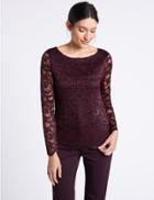 Marks & Spencer Sparkly Lace Slash Neck Long Sleeve T-shirt Burgundy