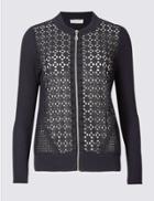 Marks & Spencer Pure Cotton Lace Bomber Cardigan Navy Mix