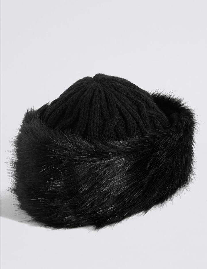 Marks & Spencer Faux Fur Cable Knit Winter Hat Black