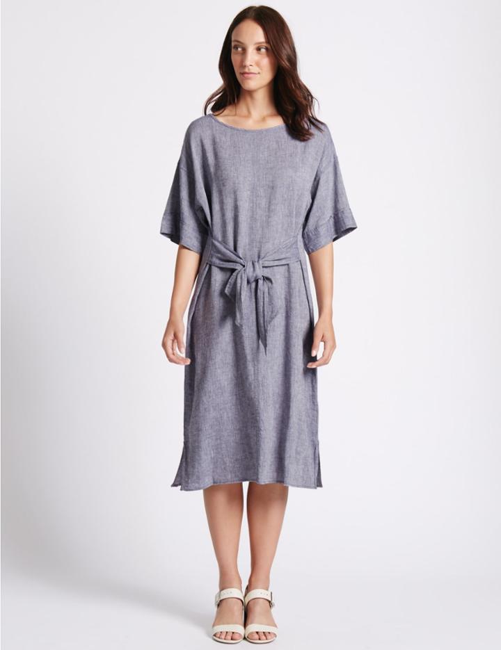 Marks & Spencer Linen Rich Chambray Shift Midi Dress Chambray
