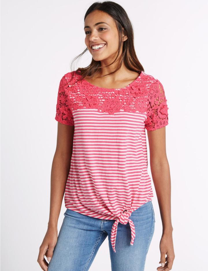 Marks & Spencer Pure Cotton Striped Tie Side Jersey Top Pink Mix