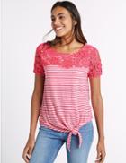 Marks & Spencer Pure Cotton Striped Tie Side Jersey Top Pink Mix