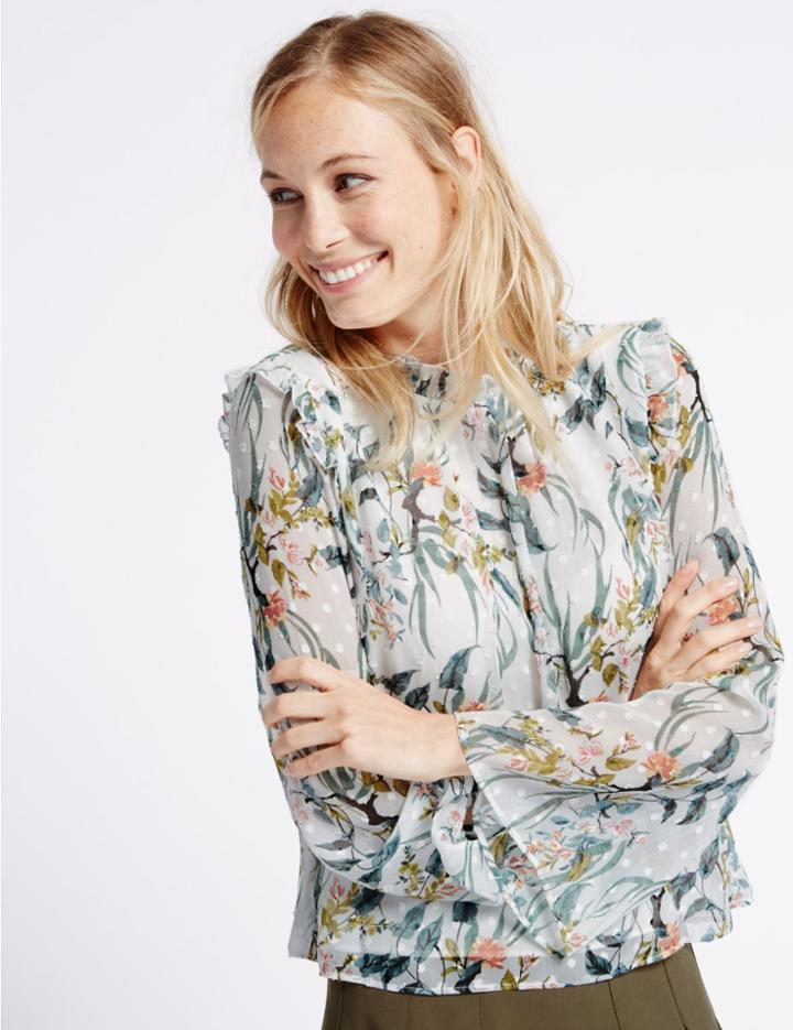 Marks & Spencer Floral Print Round Neck Long Sleeve Blouse Ivory Mix