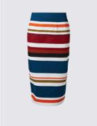 Marks & Spencer Cotton Rich Striped Pencil Midi Skirt Orange Mix