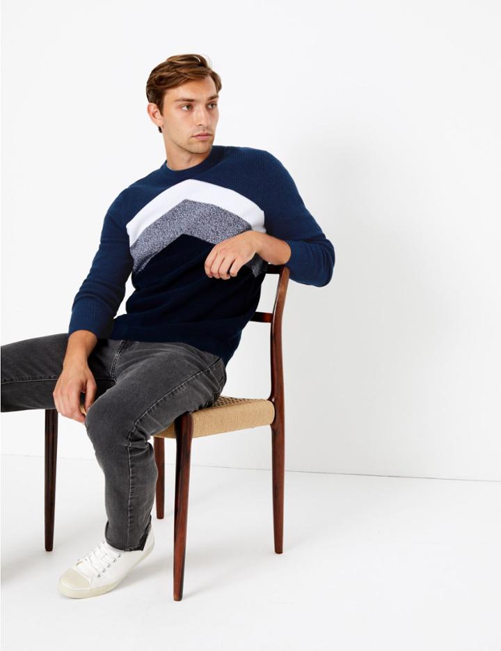 Marks & Spencer Pure Cotton Striped Jumper Khaki Mix