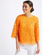 Marks & Spencer Lace Round Neck 3/4 Sleeve Blouse Orange