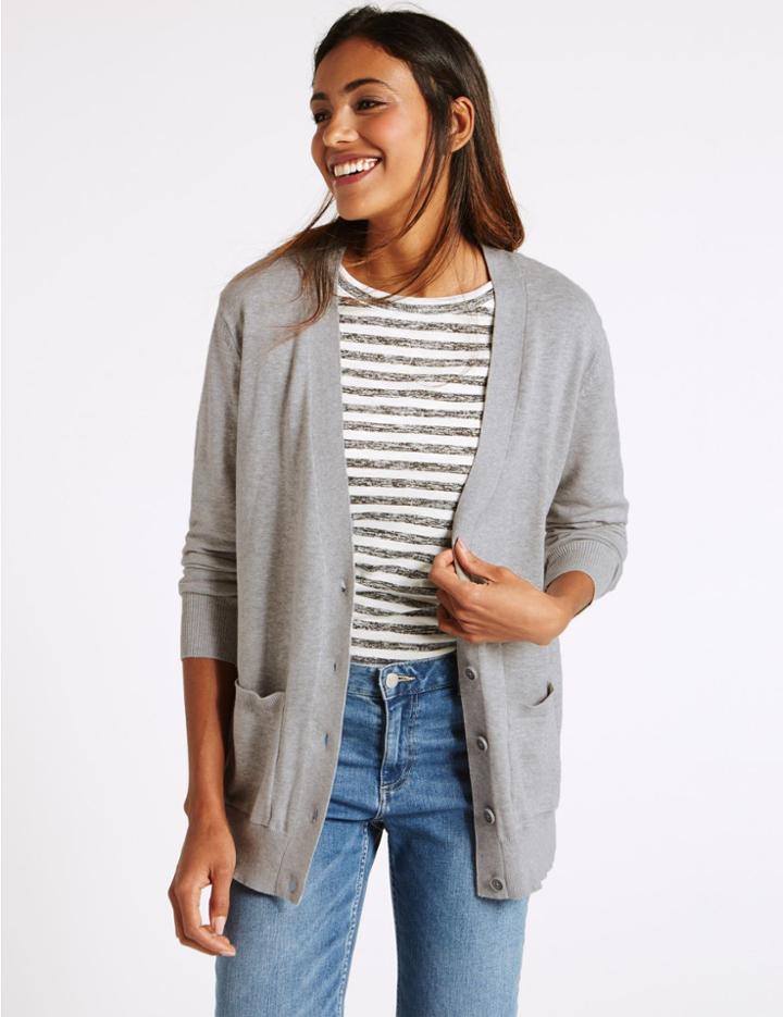 Marks & Spencer Pure Cotton V-neck 2 Pocket Cardigan Silver Grey